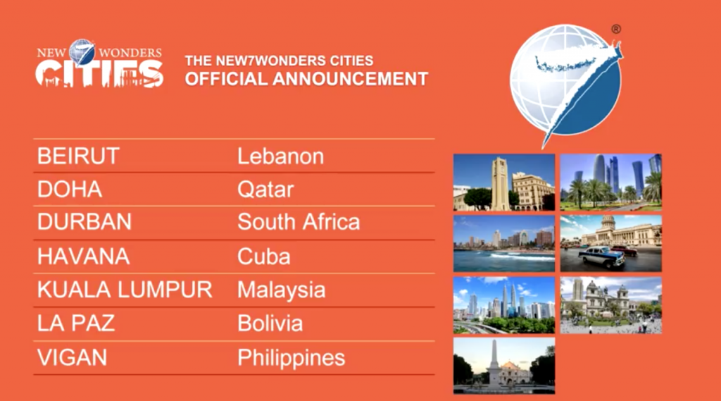Cuadro oficial de las siete nuevas siete ciudades maravillas del mundo. La Paz figura en sexto lugar.
